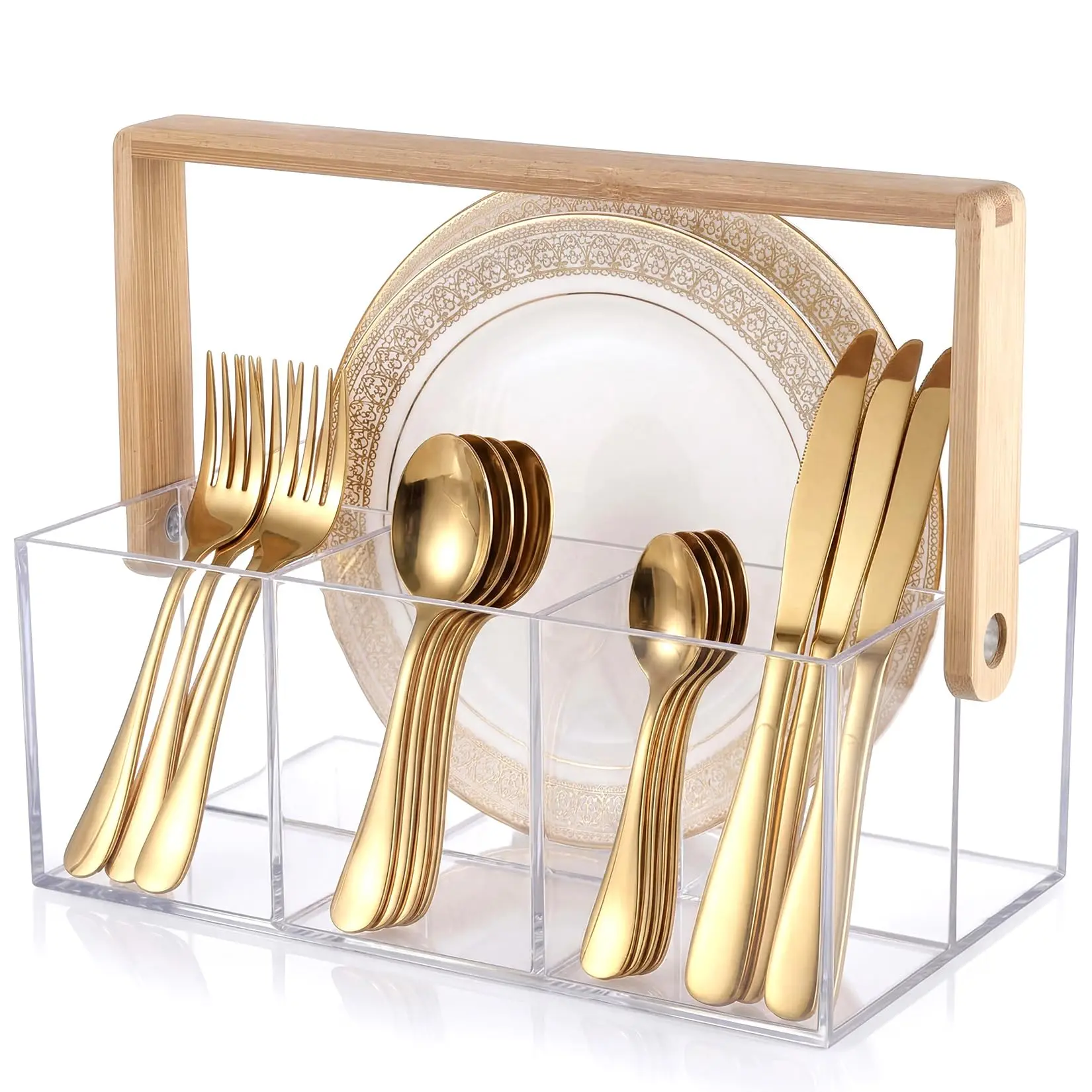Clear Acrylic Utensil Caddy with Handle, 4-Compartment Silverware Holder for Forks, Spoons, Knives & Plates, Portable Kitchen Organizer Caddy for Countertop & Parties