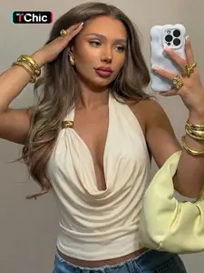 Women's Solid Color Cowl Neck Halter Top, Metal Decoration Ruched Sleeveless Backless Plain Slim Fit Cami Tank Top, Party Club Date Holiday Daily Casual Elegant Camisole Crop Tops Shirt For Ladies Summer Fashion Clothes Wear