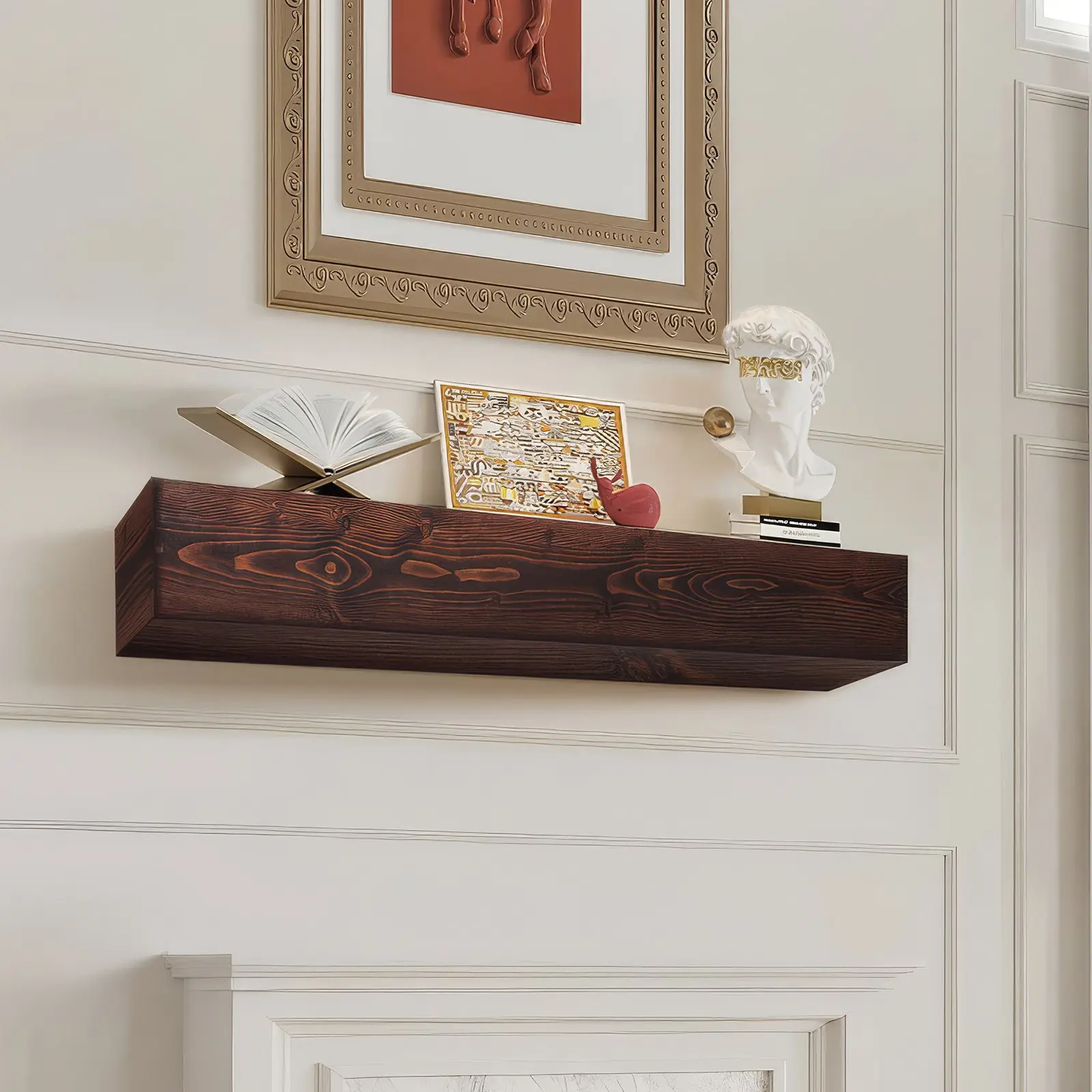 【Summerfinds】VEVOR Wall-Mounted Floating Wooden Fireplace Shelf, 60in x 8in x 6in Farmhouse Rustic Brown Unit, 50 lbs Weight Capacity, Handcrafted, Easy Installation for Fireplace Wall Decor, Shelves, Floating Shelf