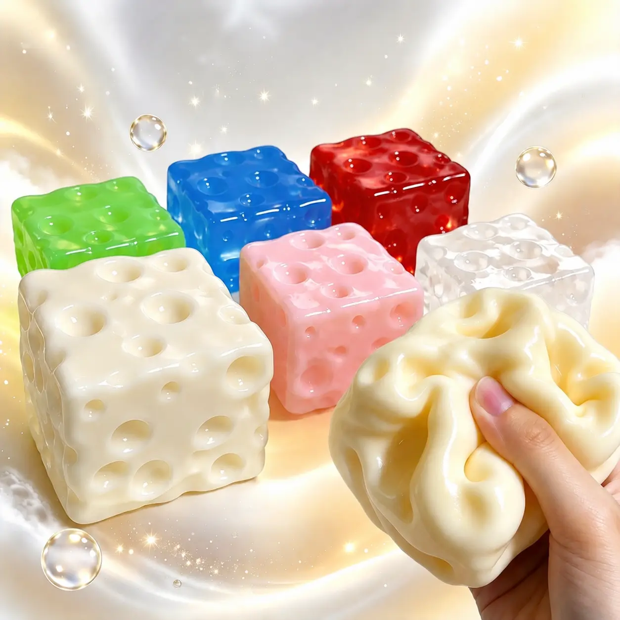 Fully Moldable Non-Rebound Petroleum Jelly-Filled Cheese Squishy Stress Ball, Giant 6 cm & 7.5 cm Soft Gel Cheese Block for ASMR Relaxation, Viral Fidget Gift for Anxiety Relief, Decompression Squishy-MM