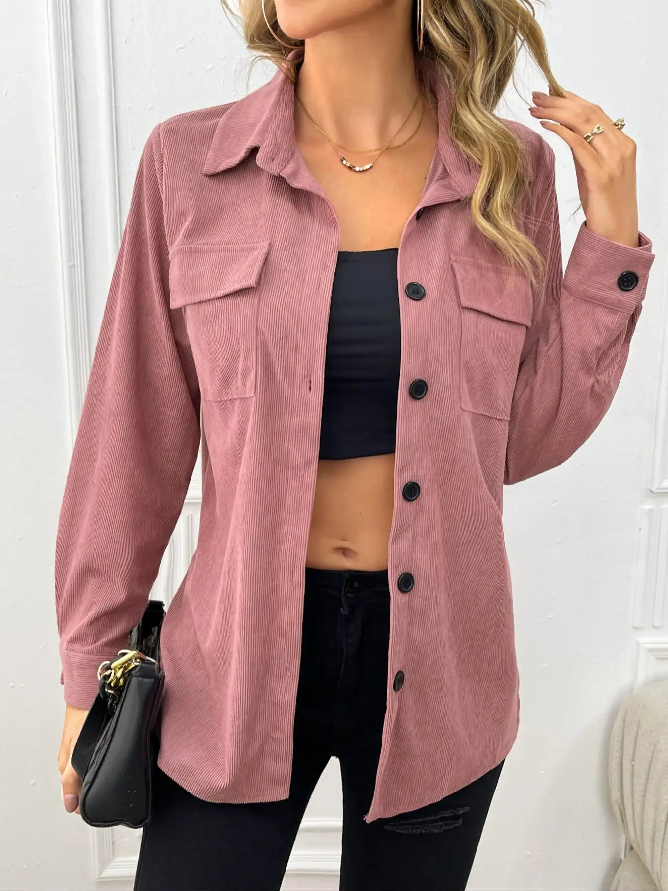 Women's Plain Button Front Pocket Corduroy Blouse, Casual Long Sleeve Collared Top for Fall & Winter, Women's Clothing for Daily Wear