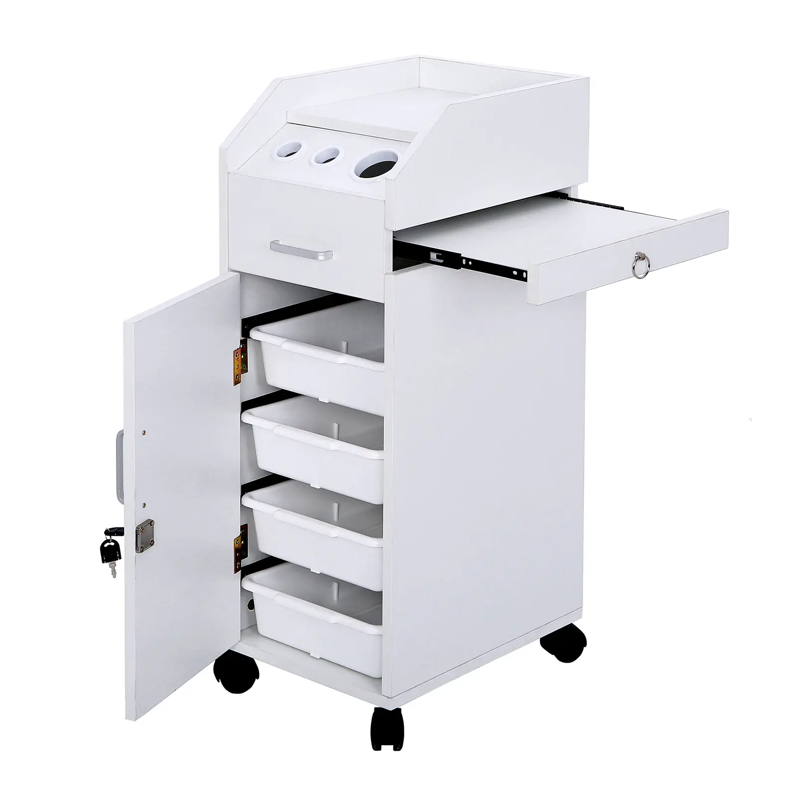 Commercial Salon Portable Rolling Manicure Table - Nail Table Station with Wheels, 3 Hair Dryer Holders, 4 Drawers, Lock, 2 Keys, Mobile Storage Cart for White Makeup & Hairdressing Tools, Portable Manicure Table