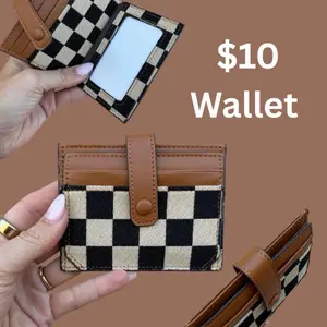 Checkered Mini Wallet - $10 Wallet with Brown Leather Accents and Checkered Pattern