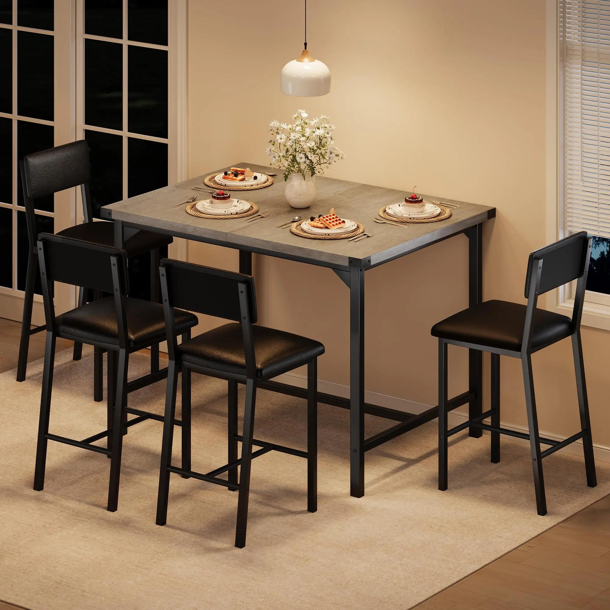Garvee 5-Piece Rustic Gray Dining Table Set for 4 with Upholstered Bar Stools, Backrest, Footrest, and Corner Protectors - Perfect for Dining Room or Apartment Counter Height Kitchen