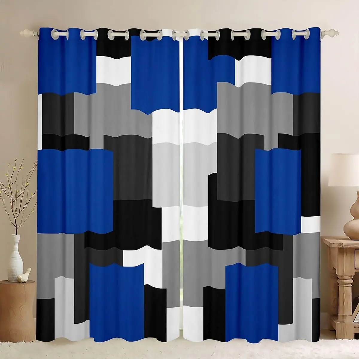 Geometric Curtains for Bedroom Living Room Deep Blue Black Gray Blackout Darkening Drapes Plaid Buffalo Check Window Treatments,2 Panels Modern Art Room Decor