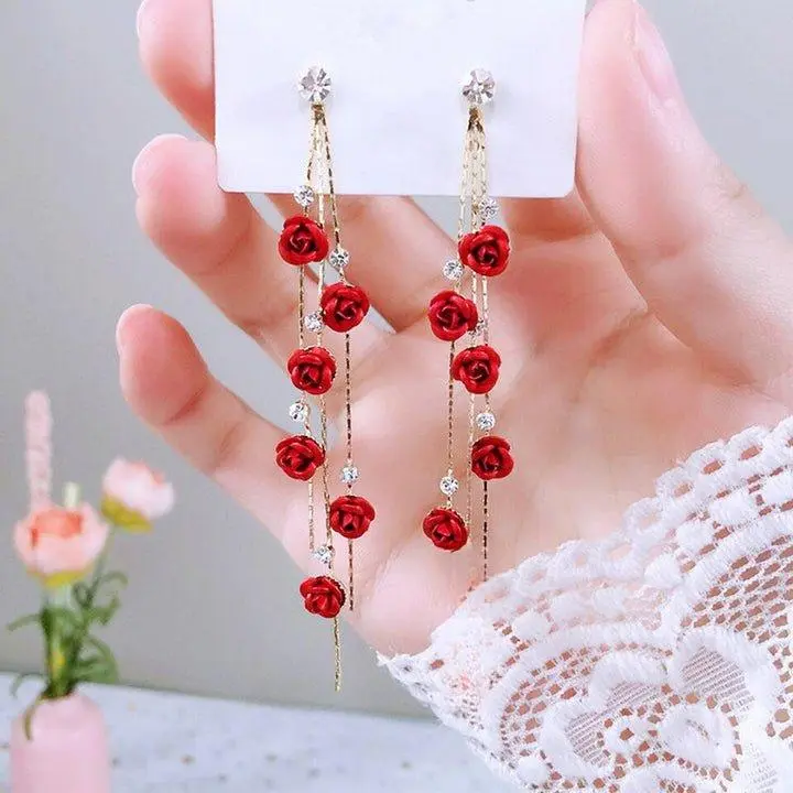 Flower Long Earrings Wild Red Rose Flower Long Rhinestone Tassel Earrings Alloy Electroplated 85mm OPP Bag