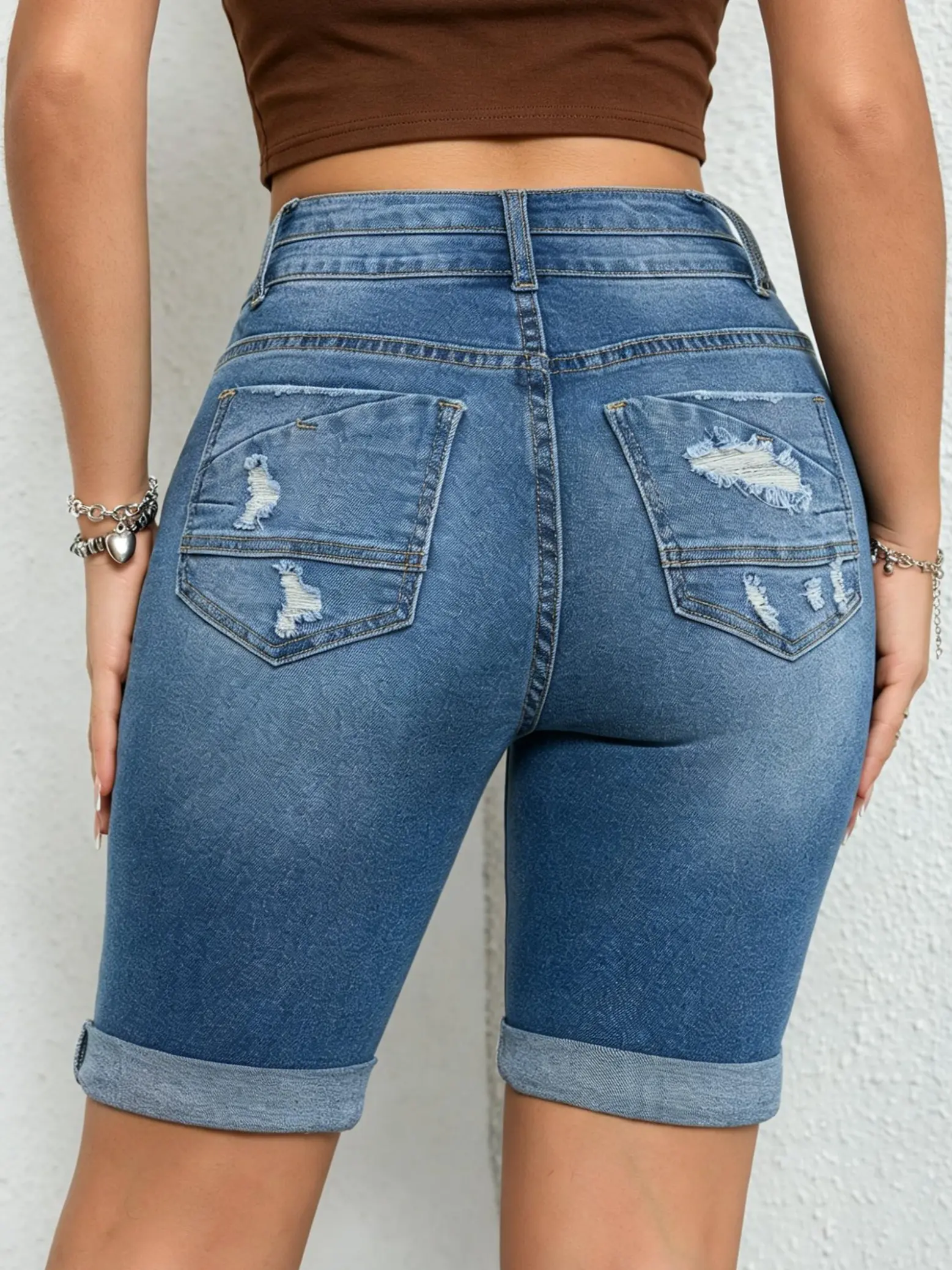 Women High Waist Knee Length Bermuda Bike Denim Shorts Back Pocket Shredded Rip Cuff Hem Medium Blue Stretch Pants