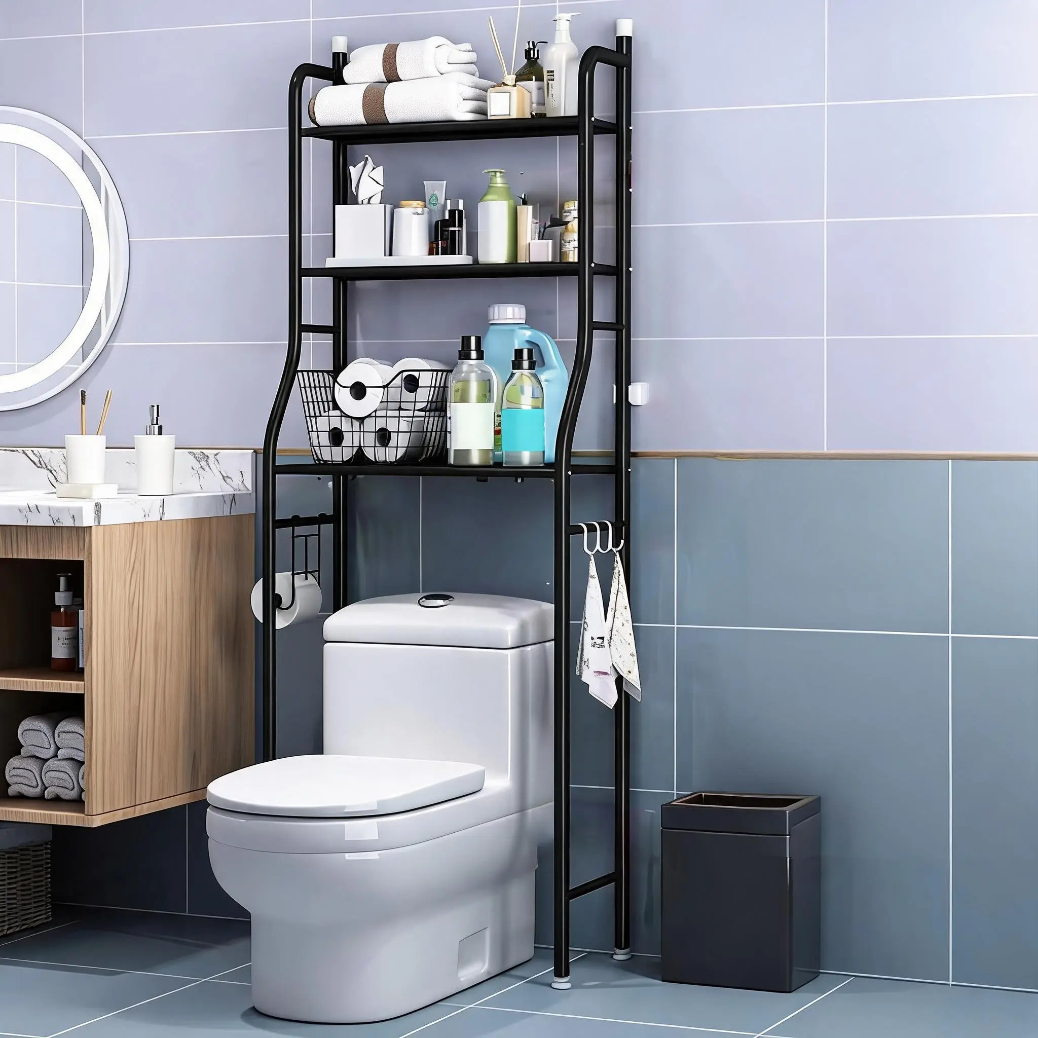 Rectangular Rust-Resistant Metal Over-The-Toilet Shelf, Floor-Standing Bathroom Storage Rack with Removable Towel Hooks, Toilet Paper Holder, Hardware Pack, Convenient Storage & Modern Design for Restroom Use