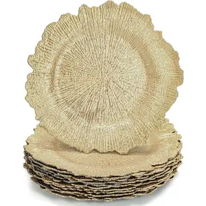 6/12/24 Pack Golden Color Charger Plates, 13" Round Plastic Reef Design, Disposable Recyclable Tableware for Weddings & Parties