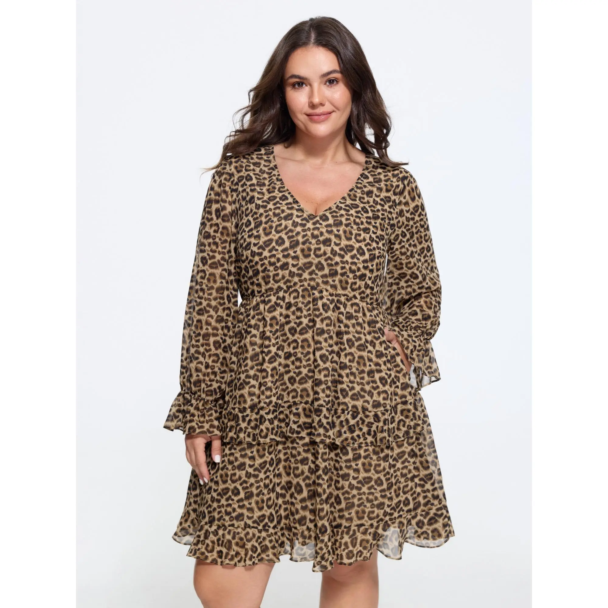 BLOOMCHIC Plus Size Leopard Print Tiered Ruffle Chiffon Mini Dress[M-6X] Summerfinds