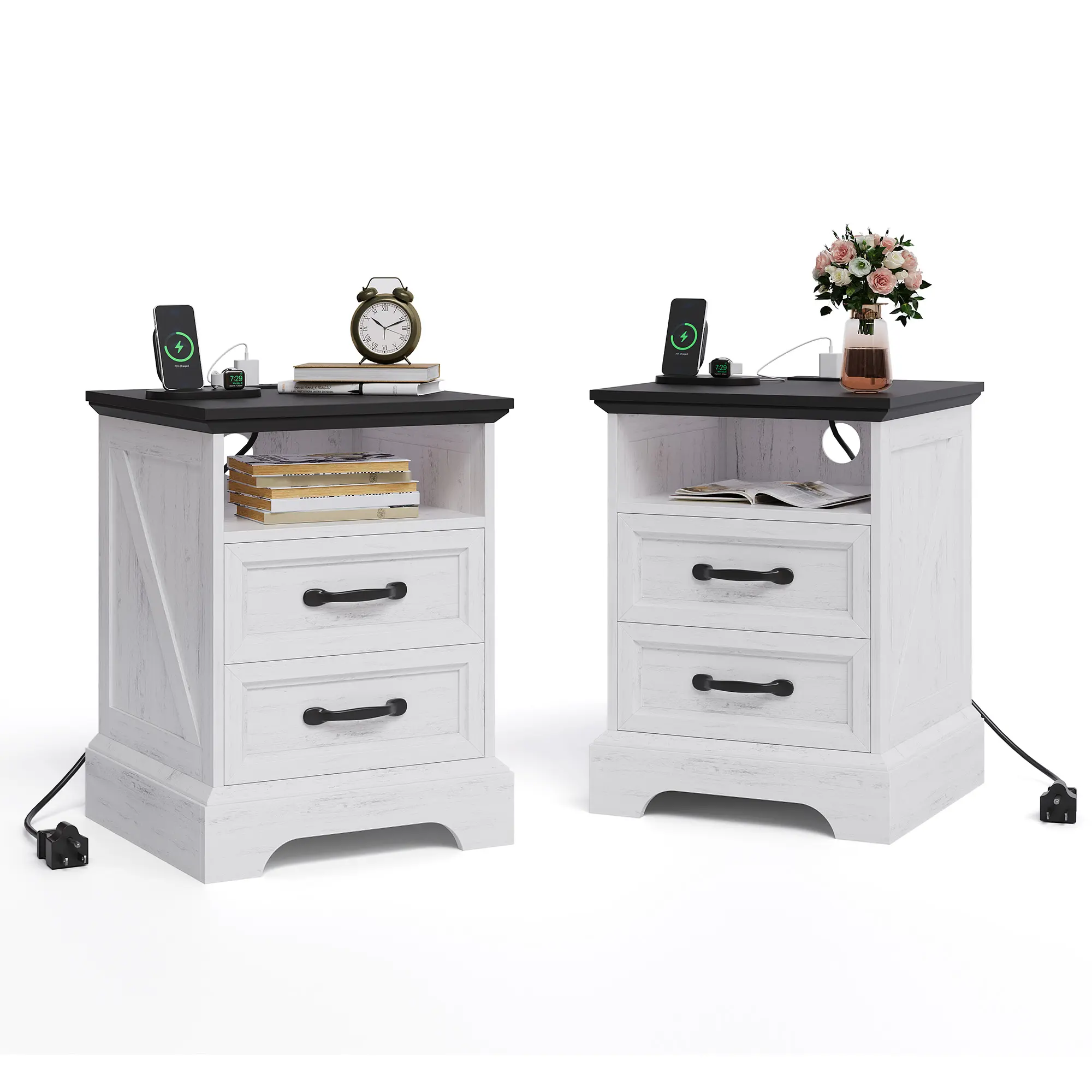 Farmhouse Rustic Bedside Table with Charging Station - 2 Drawers, USB Ports, AC Outlets, Durable MDF, Metal Handles, Copper Nail Trim, Flannel Headboard, Assembly Required, Distinctive Details, White Indoor Furniture for Bedroom, Side Tables