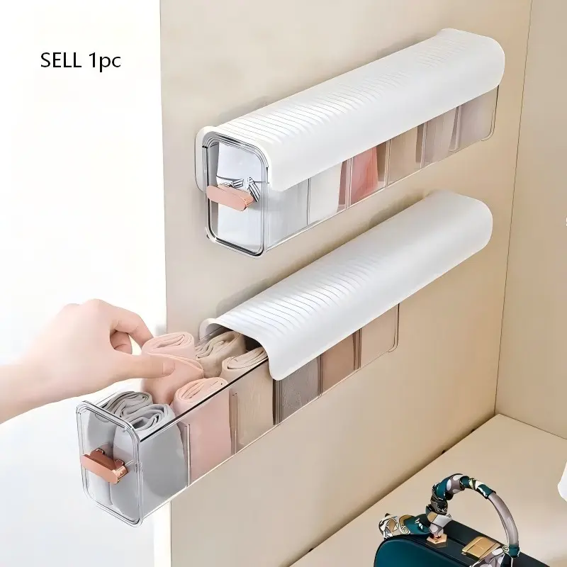 Wall-Mounted Transparent Storage Box, Adjustable 6-Compartment Organizer, Closet Hanging Innerwear Socks Holder, Data Cable Drawer Sorter, Clothes Storage Box, Closet Storage Bins