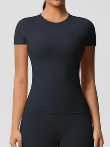 Women's Solid Round Neck Sports Tee, Quick Drying Breathable Crew Neck T-Shirt for Yoga Gym Running, Ladies Sportswear for All Seasons, Workout Clothes