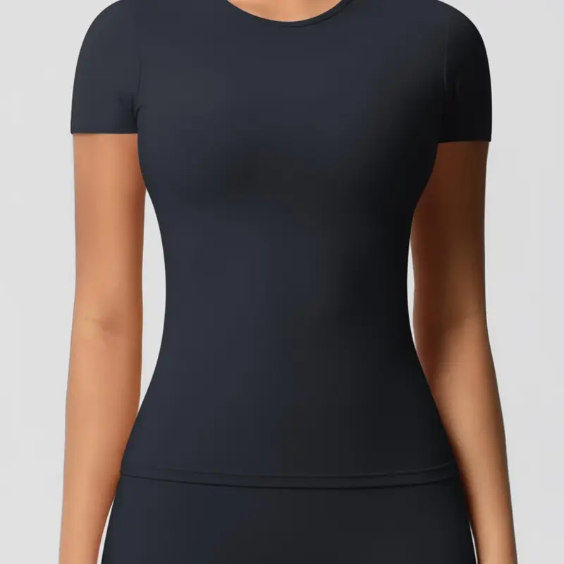 Women's Solid Round Neck Sports Tee, Quick Drying Breathable Crew Neck T-Shirt for Yoga Gym Running, Ladies Sportswear for All Seasons, Workout Clothes