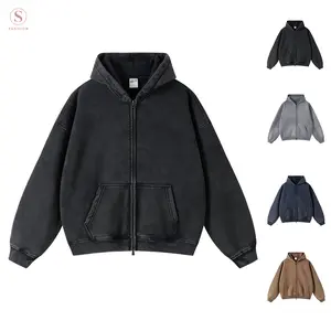 Yimoon Unisex Oversized Zip Up Hoodies Jackets For Men Women Fleece Vintage Cotton Heavyweight Distressed Sweatshirt