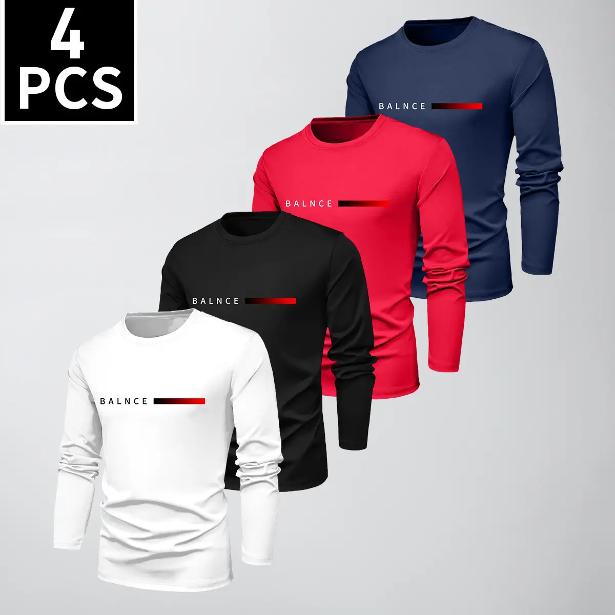 Pack of 4 men’s solid-color casual long-sleeve tops—lightweight, comfortable crewneck long-sleeve T-shirts with a simple, relaxed design, suitable for everyday wear and outdoor activities.