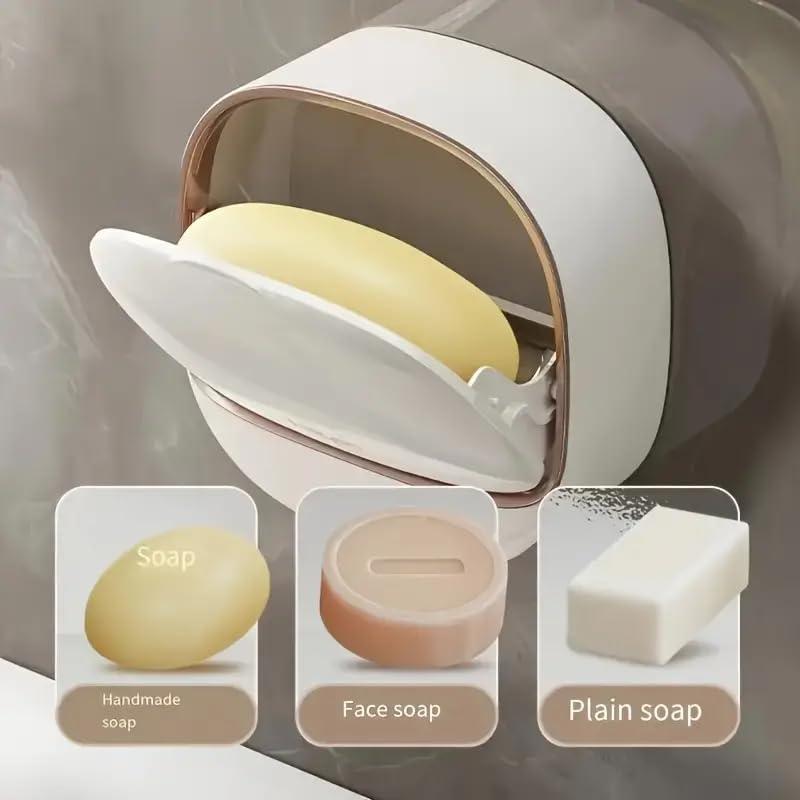 Bathroom No-Drill Soap Dish Holder with Drain Waterproof Soap Dish, Flip-Top Waterproof Wall Mounted Soap Box,Suction Cup Soap Dish for Bathroom, Kitchen, Shower. (White)