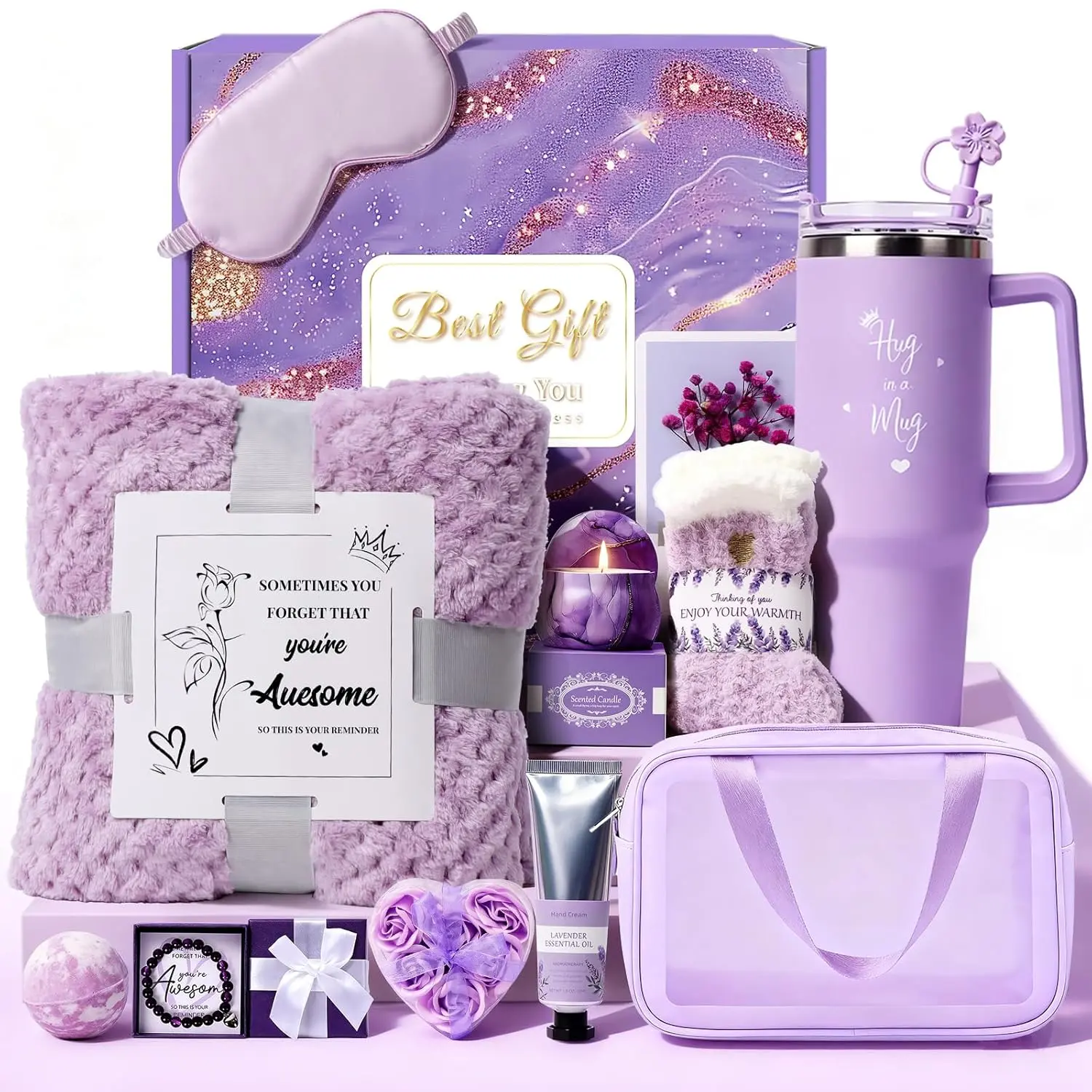 Birthday Gift for, Luxury Self Care Spa Gift Basket with Blanket for Mom, Wife, Sister, Friend, Girlfriend, Grandmother, Get Well Soon & Christmas gift for Her