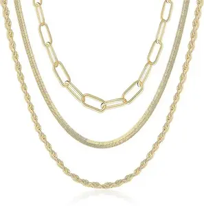 3PCS Gold Layered Necklaces for Women – Coin Pendant, Herringbone & Paperclip Chains – Trendy 14K Gold Plated Set