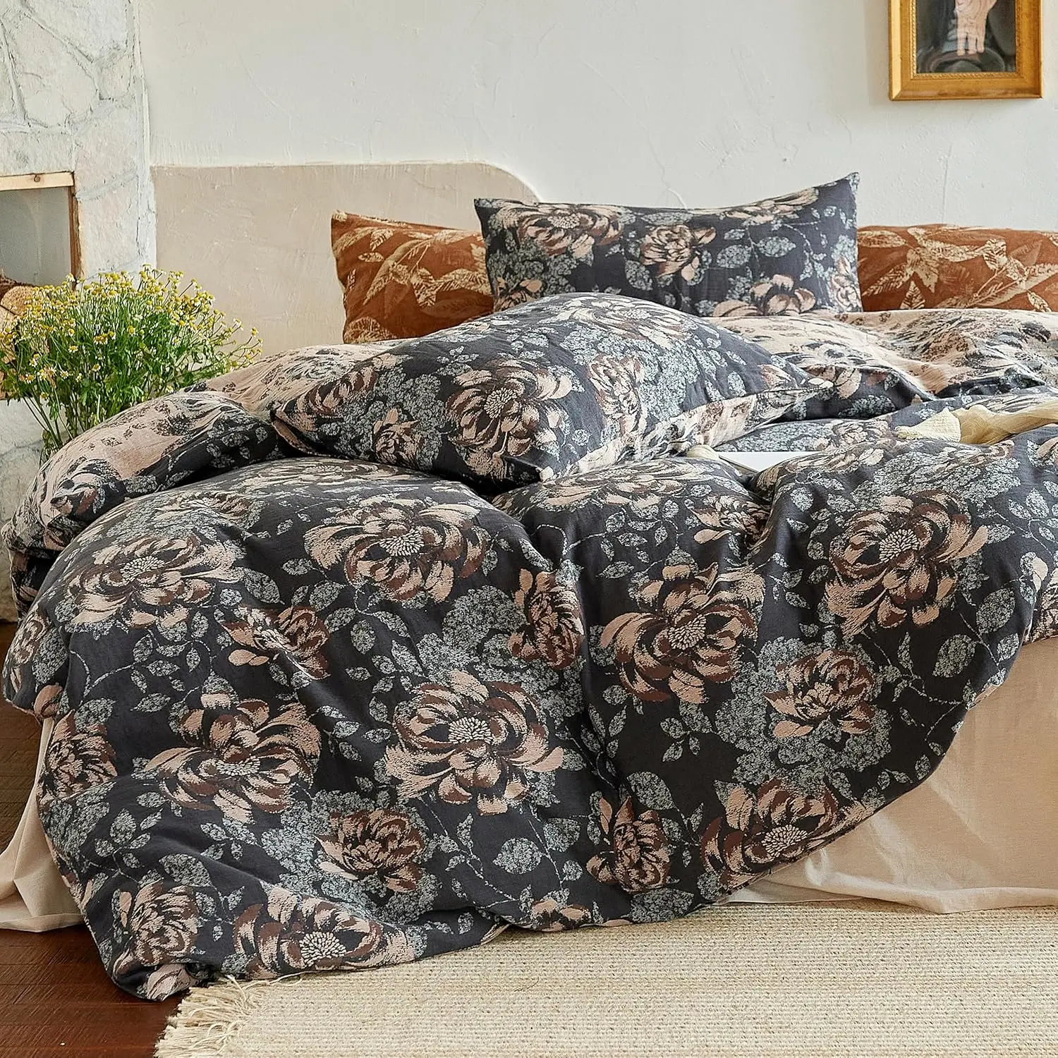 BISELINA 100% Cotton Muslin King Duvet Cover Set, 3-Piece Yarn-Dyed Jacquard Reversible Botanical Plants Bedding Set, Breathable Soft Blue Orange Cotton Bedding, Thoughtful Gift for Bedroom #tiktokshopsummersale