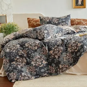 BISELINA 100% Cotton Muslin Duvet Cover Set King, 3 Pcs Yarn-Dyed Jacquard Textured Reversible Botanical Floral comforter , Soft and Breathable Bedding Set with Zipper Closure, Cozy Comfort Cotton Bed Sheets-A Thoughtful Gift,  comfortersets multicolor