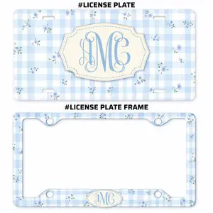 Blue Gingham Floral Monogram License Plate and Matching Frame Personalized Cottage Style Car Tag Cute Vintage Car Decor Gift