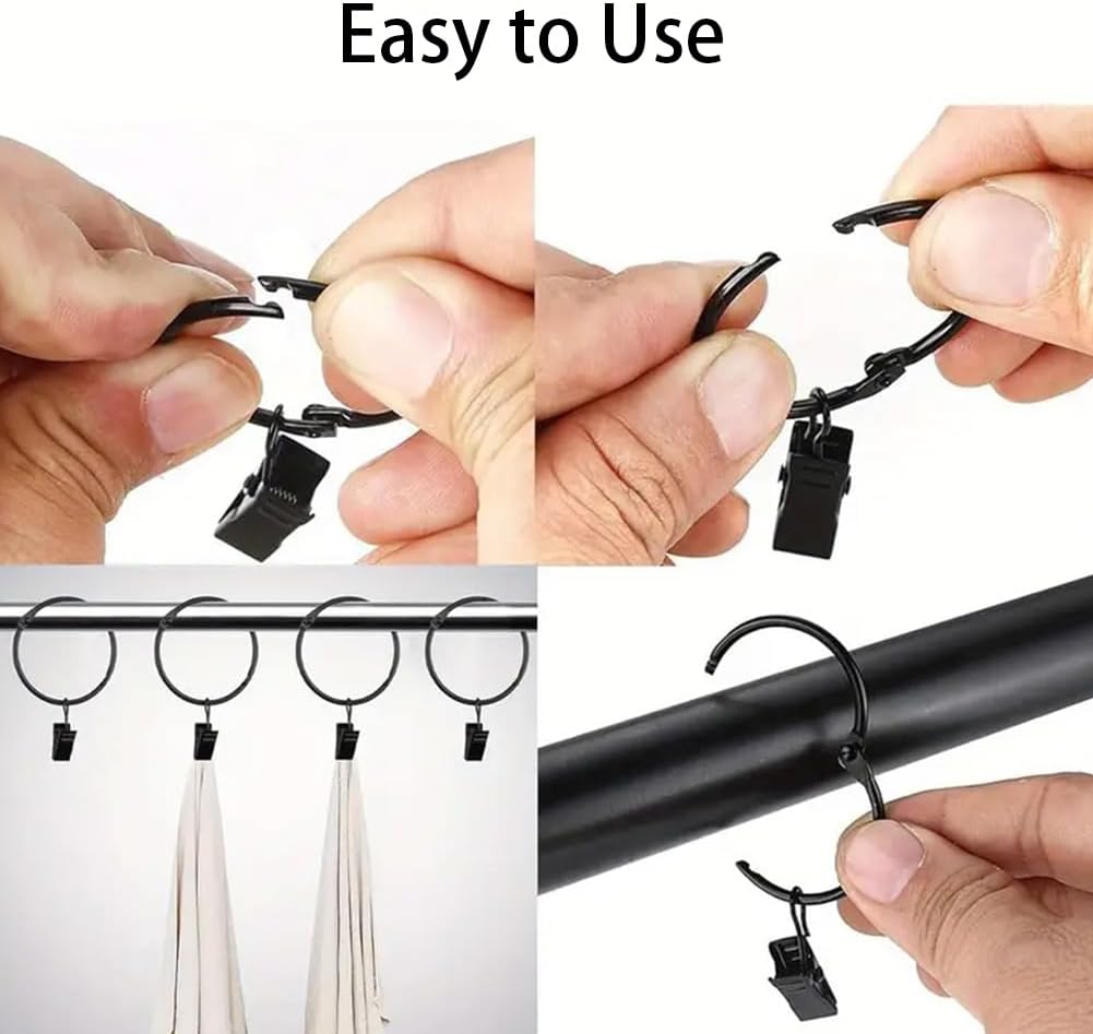 12/24/36 Pack Black Metal Shower Curtain Rings with Clips 1.26 Inch (3.2 cm) Interior Diameter, Fits up to 1.2 Inch Rods, Heavy-Duty Rustproof Decorative Vintage Eyelet Hangers for Drapery, Shower Curtains, Lights, Craft Projects, and Rod Hangers