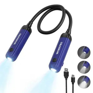 #SpringGlowUp WORKPRO Rechargeable Neck Light for Hands-Free Lighting, 3 Brightness Levels 300 Lumens Neck Light, Bendable Silicone Arm, Great for Mechanics, Reading, Camping, DIY Projects, Crafting, Blue and Black