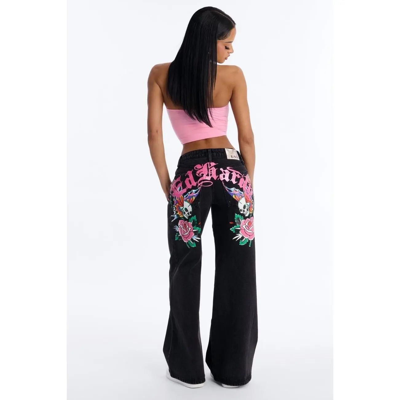 Ed Hardy Skull Flower Wide Leg Jeans - Black N