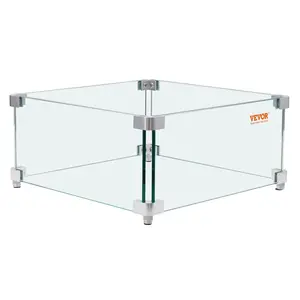 Father's Day Gift VEVOR Gas Fire Pit Wind Guard for Square Fire Table, 15 x 15 x 7 inch Clear Tempered Wind Guard for Firepits, 0.31 inch Thick Square Glass Shield, Glass Panel with Hard Corner Bracket & Feet