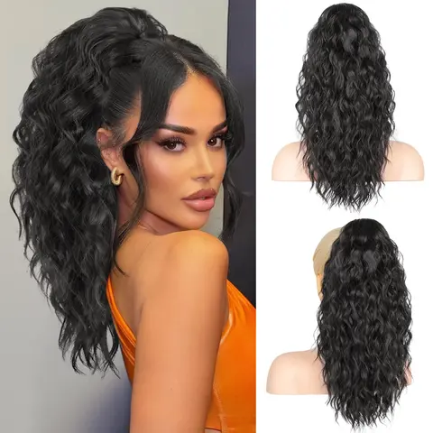 RONTAYA 18-In Synthetic Hair Claw Clip Ponytail, Women's Multi-Layered Fluffy Thick Loose Wave - Clip-In High Voluminous Synthetic Fiber Extensions, Quick Hair Extension for Work, Party-Ready Fast, Dancing (Black)