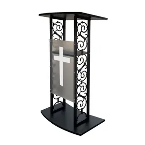 FixtureDisplays® Truss Podium Metal Pulpit Church Podium Conference Pulpit Event Lectern Cup Holder with Optional Install White Christian Cross Decor 18353+1803-CROSS-NF