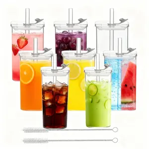 8 Sets Square Drinking Glass Cups, Old Fashioned Glasses, 12 Oz Square Glasses, Clear Highball Modern Glassware Tumbler Mixed Drinkware with Straws for Cocktail Coffee Juice Beer (Square-8PCS)