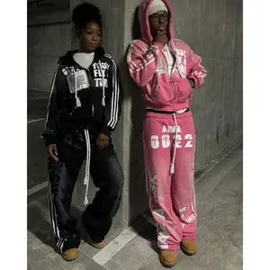 Sportswear Two Piece Set Men and Women Hip Hop Harajuku Retro Patch Print Oversized Hoodie Sweatshirt Punk Casual Sweatpants
