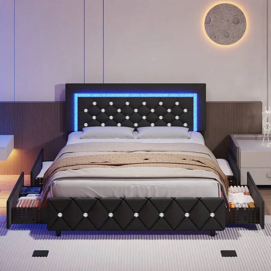 Twin/ Full/ Queen Bed Frame With Drawers, Upholstered Bed Frame With LED Lights, Modern Platform Bed Frame With Headboard And Footboard, Diamond Tufted Design, No Box Spring Needed, White/ Pink/ Black/ Purple/ Yellow