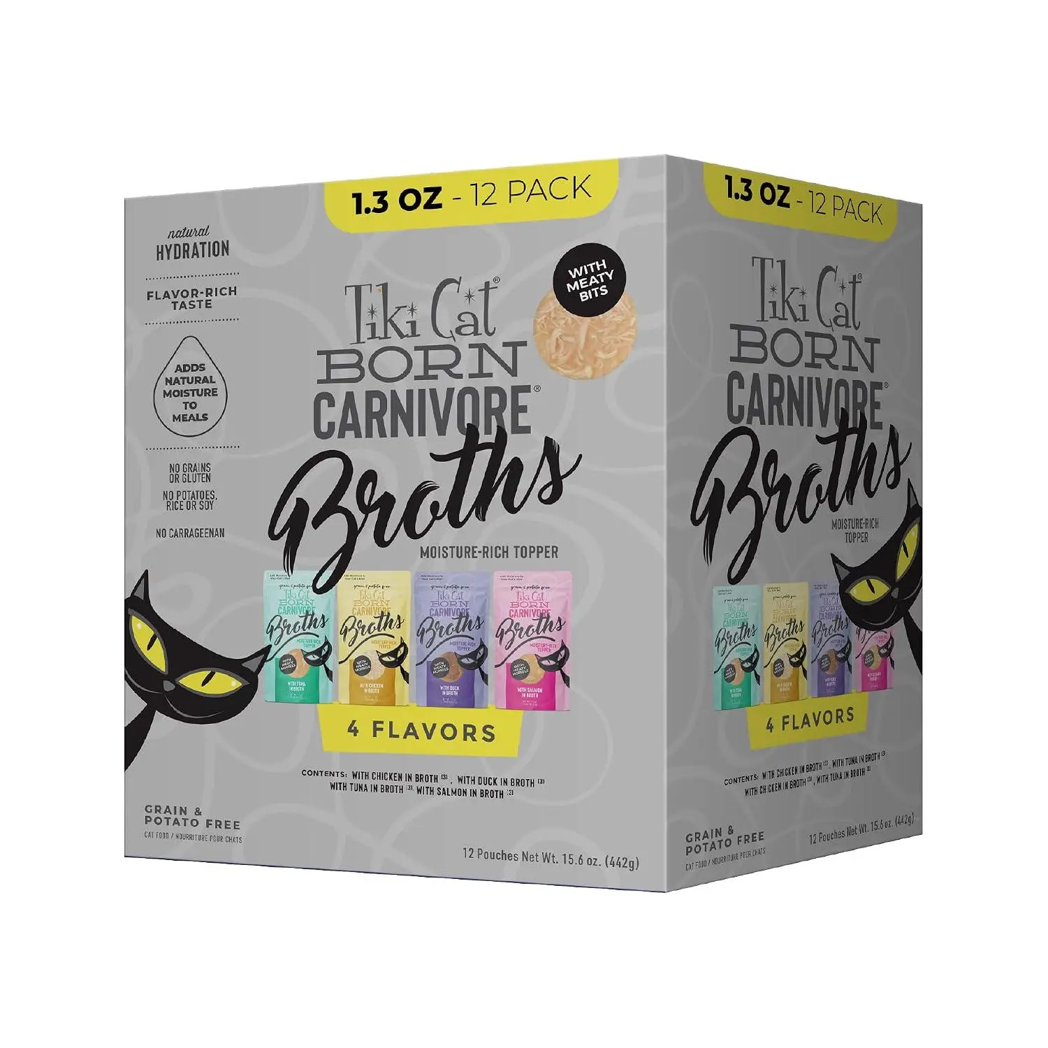 Tiki Cat Born Carnivore Broths Wet Cat Food Toppers, Variety Pack, 1.3 oz. Pouch (12 Count)