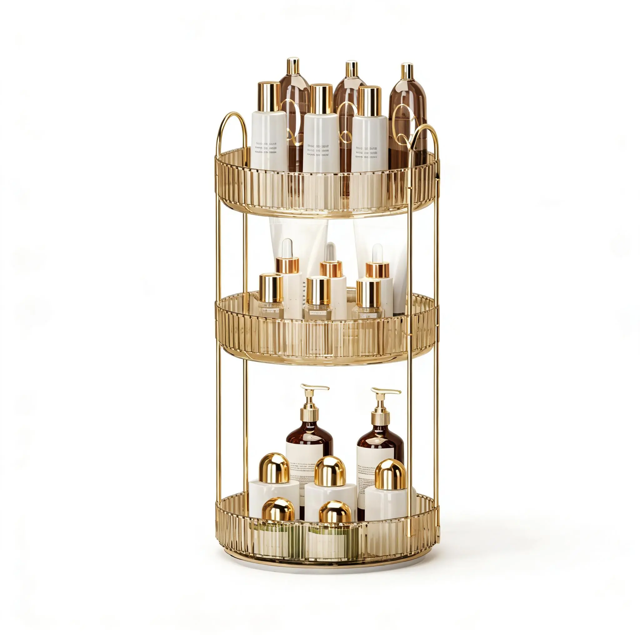 3 Tier 360° Rotating Makeup Organizer, Luxury Gold Skincare Storage Rack, Spinning Lazy Susan Vanity Tray, Cosmetic Storage for Dresser and Bathroom Countertop/cosmetic dresser countertop organizer