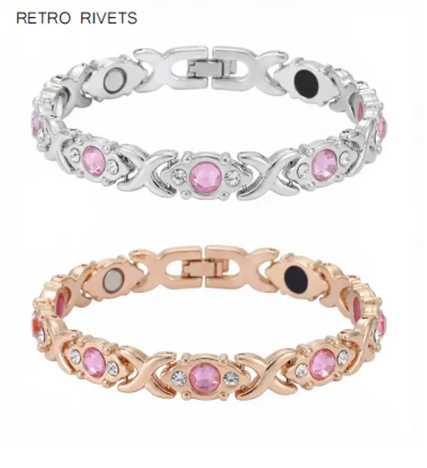 Interlocking Wristband with Crystals, Women's Gold Aesthetic Alloy Jewelry with Magnetic Clasp, Tarnish-Resistant Anniversary Gift, Bracelets For Women, Daily Wear, Fixed Size, 7.87 Inches/20 Cm, Birthday, 7.87" Long, Female, Christmas Gifts
