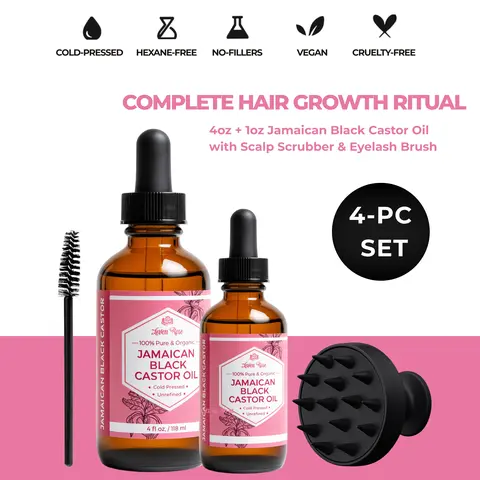 Leven Rose Organic Jamaican Black Castor Oil for Hair Renewal 4PC Set w/ 4 Oz + 1 Oz + Scalp Scrubber + Eyelash Brush Natural Serum for Haircare & Skin Repair Cruelty-Free Vegan Moisturizing Oil