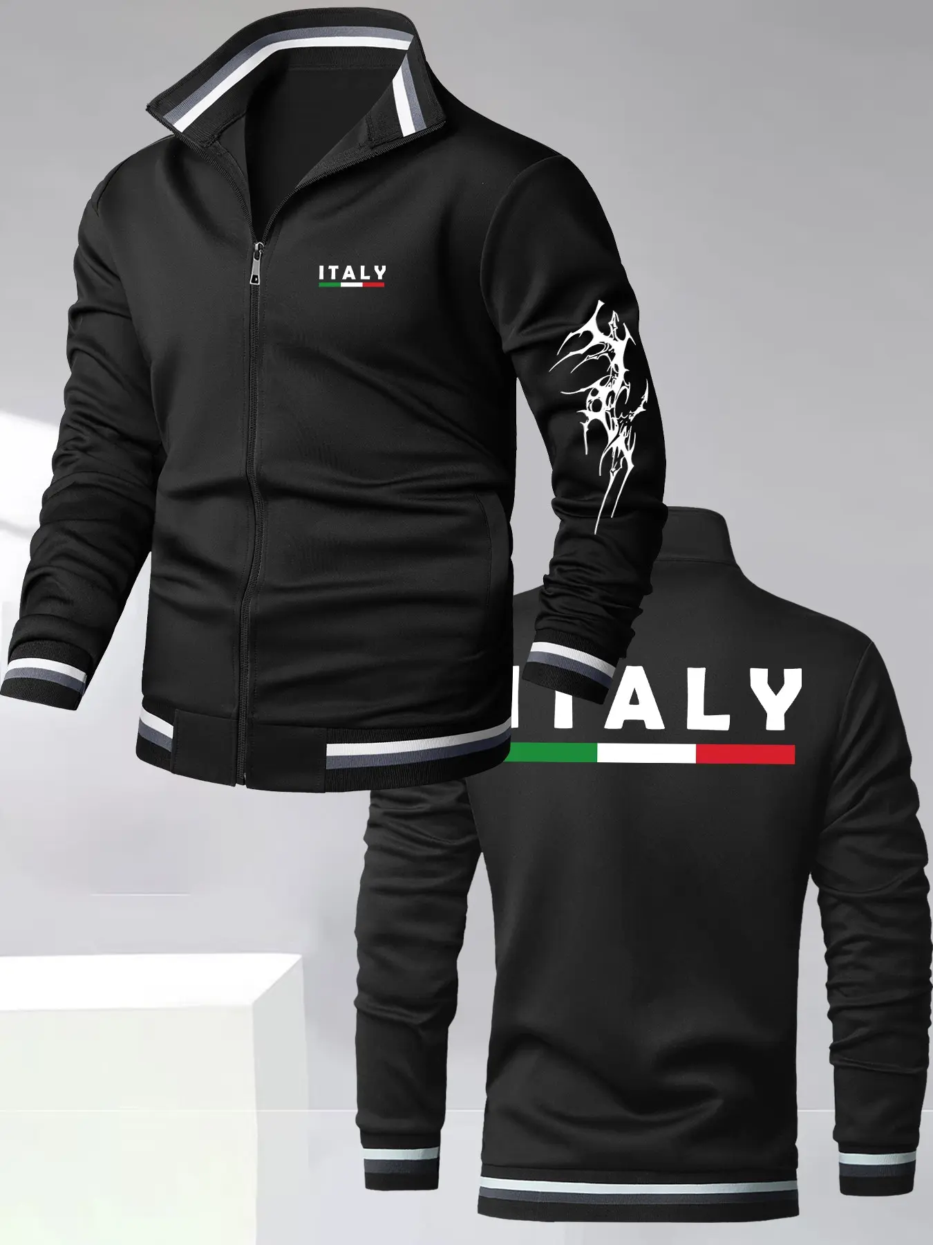 Men's Sport Jacket, Italian Theme Print, Stand Collar Zipper Design, Fitted Long Sleeve Outerwear, Casual All-Season Clothing