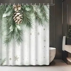 Winter style pine tree and pine cone design shower curtain, Bathroom decoration accessories, bathroom decoration, waterproof, wear-resistant, easy to clean, machine washable, multiple sizes available, free shower curtain hook