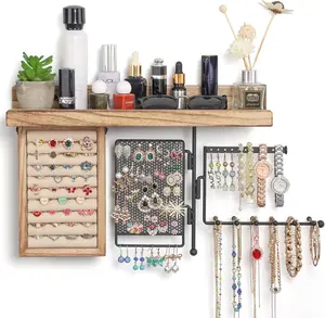 Hanging Jewelry Organizer Wall Mount with Rustic Wood Shelf, Ring Display Box, Ear Studs Earring Holder, Rotating Necklace Holder Organizer