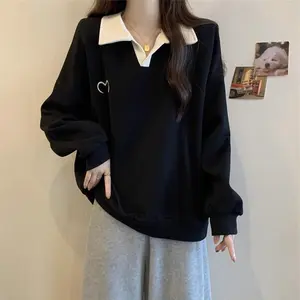 2025 POLO collar long-sleeved sweater women's autumn new fat mm loose and thin large size lazy style design jacket