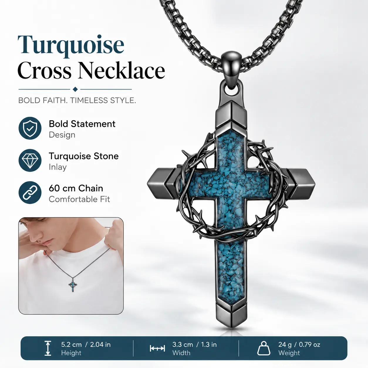 Gunmetal Cross Necklace for Men with Turquoise Stone Inlay & Crown of Thorns Detail, Masculine Faith-Based Fashion, Lightweight for Daily Wear, Cross Necklaces