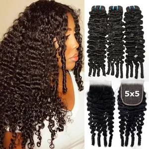 Lemo Beauty Hair 15A Burmese Curly Raw Hair Bundles With Closure 5X5 Transparent Lace Closure With 3/4 Bundles Weave Hair Extensions