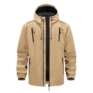 Men's Outdoor Hiking Jacket, Khaki Waterproof Coat with Hood, Windbreaker for Mountaineering and Leisure