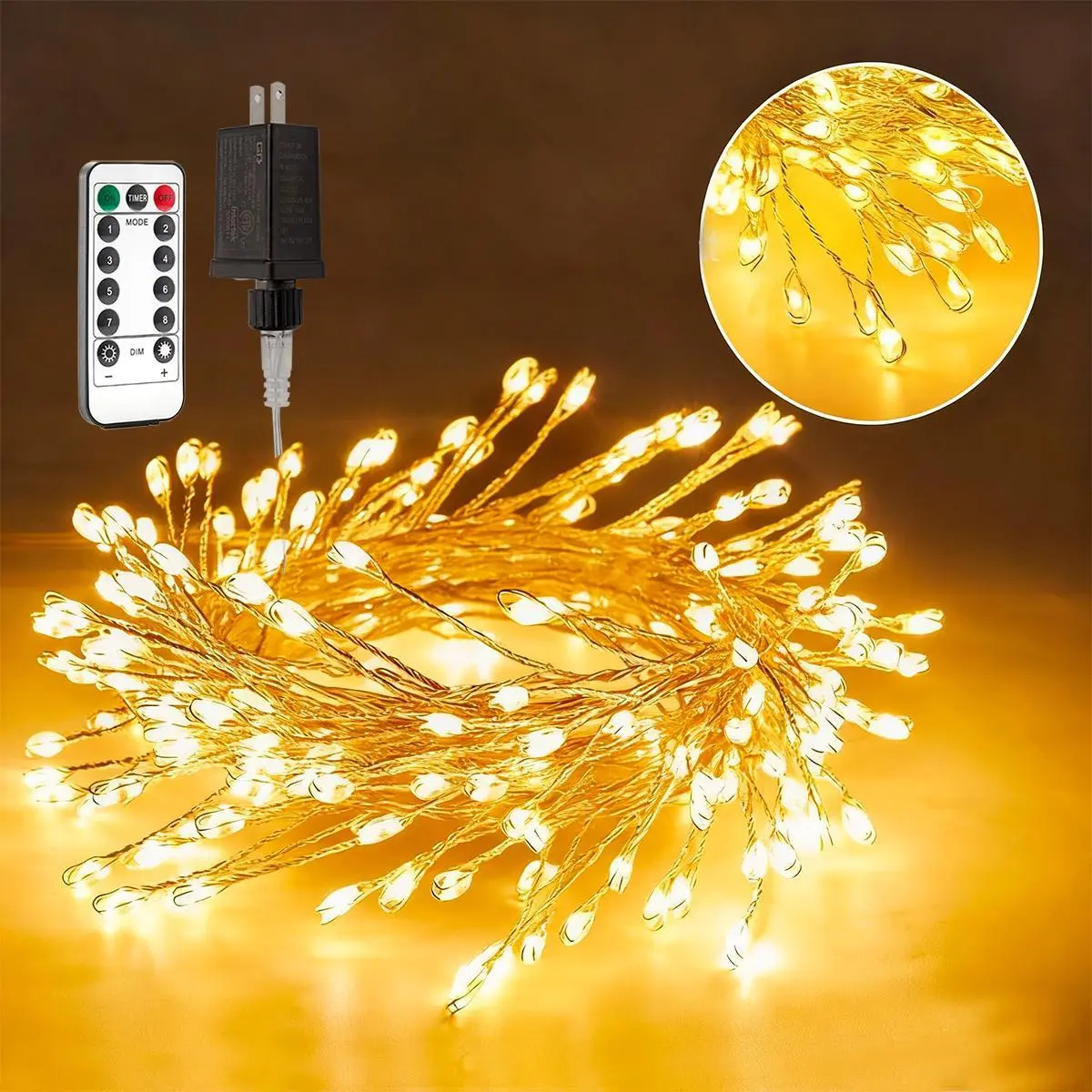 100FT Warm White Plug-In Copper Wire Fairy String Lights, 1000 LEDs with Remote & Multiple Modes, Cluster Firecracker Mood Lighting for Christmas Tree, Backyard Decoration