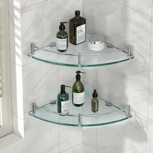 Glass Corner Shelves Tempered Bathroom Eestantes para Banos with Rail Wall Mounted Drill Hole for Corner Shower Shelf for Inside Shower 2 Pack(Sliver)