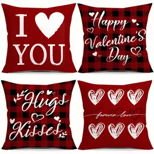 Valentine's Day Pillow Covers Set of 4, I Love You Happy Valentine's Day Hugs Kisses Forever Love, Plaid Heart Decorative Pillows