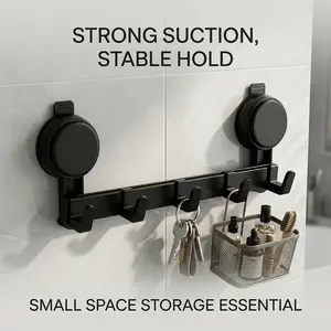 5 Hooks Suction Cup Hook Rack Heavy Duty No Drilling Bathroom Shower Door Black Rustproof Aluminum
